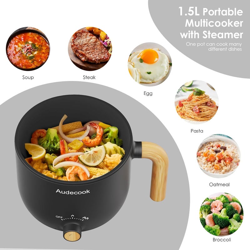 Audecook Hot Pot Electric with Steamer, 1.5L Portable Nonstick Rapid Noodles Cooker, Travel Electric Skillet with Dual Power Control for Pasta/Soup/Steak/Egg/Oatmeal(Black) - Image 2